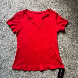 NWT AKEWEI Red Short Sleeve Split V-Neck Ribbed T-Shirt Tee Top Size Large